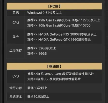 异环推荐配置一览表,异环有哪些配置要求